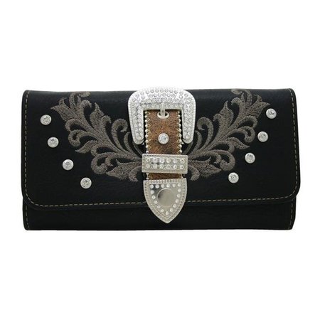 RITZ Ritz WB146X-BK-BRN Western Rhinestone Bling Belt Buckle Trifold Wallet - Black & Brown Trim WB146X-BK/BRN